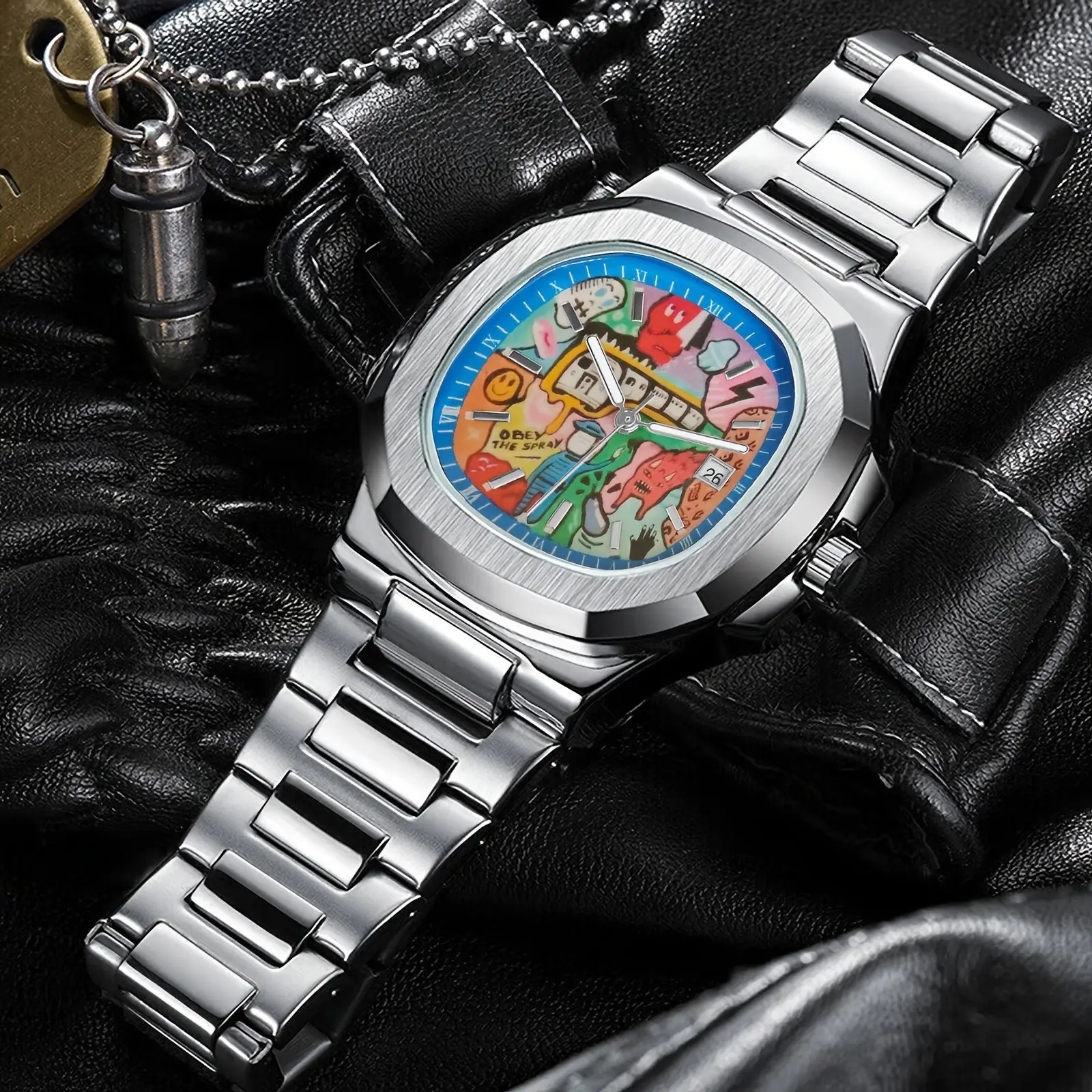 Fashion Men's Quartz Watch Square Creative Wormhole Concept Night-Lighting Sport Steel Bracelet Wristwatch