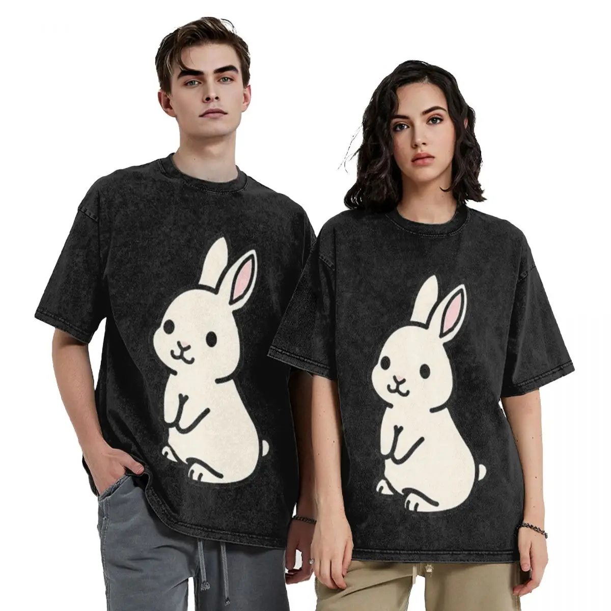 

White Bunny Hip Hop Short Sleeve T-Shirts Washed Tops Tees Streetwear T Shirt Vintage for Men Women