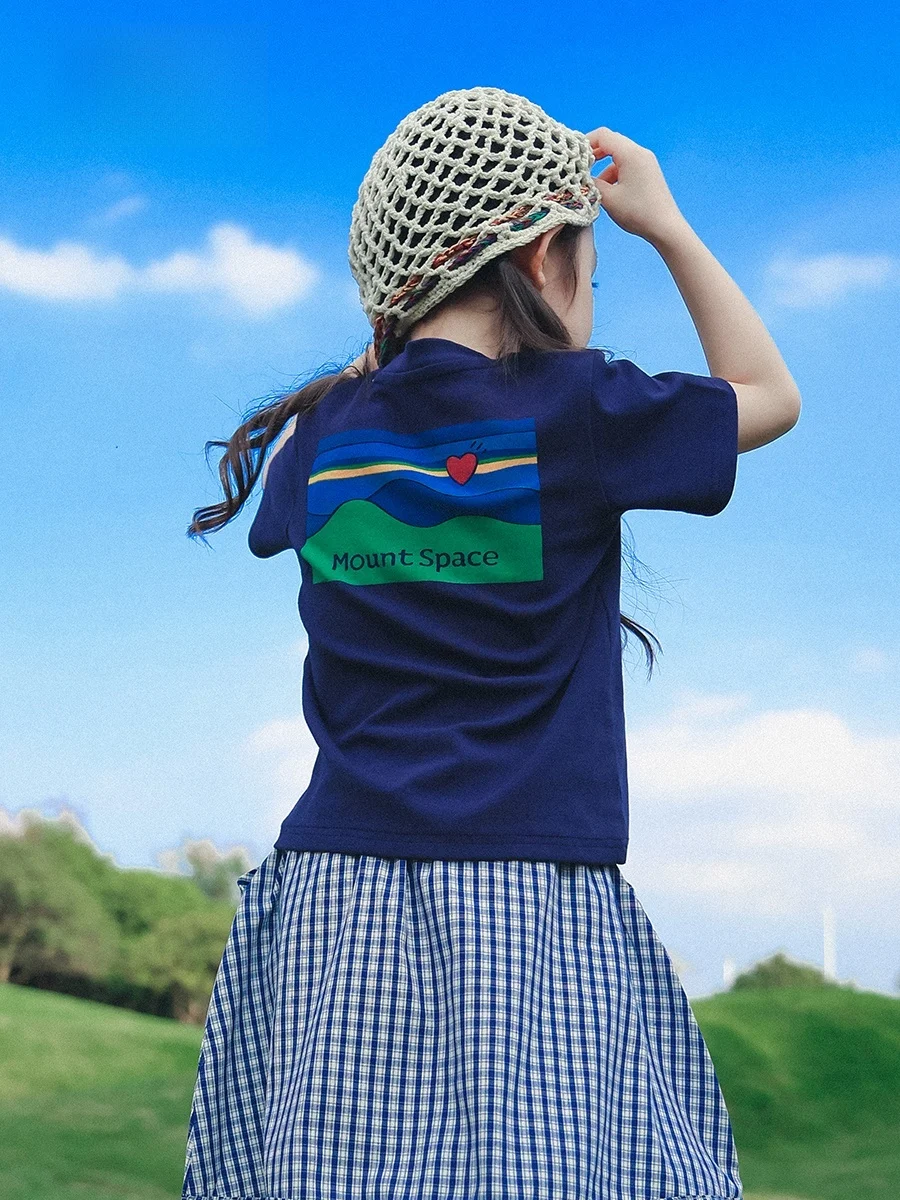 アウトドアスポーツ弾性半袖tシャツ女の子用夏の新しいスタイルキャンプ風子供用トップス通気性スタンダードフィット綿混紡