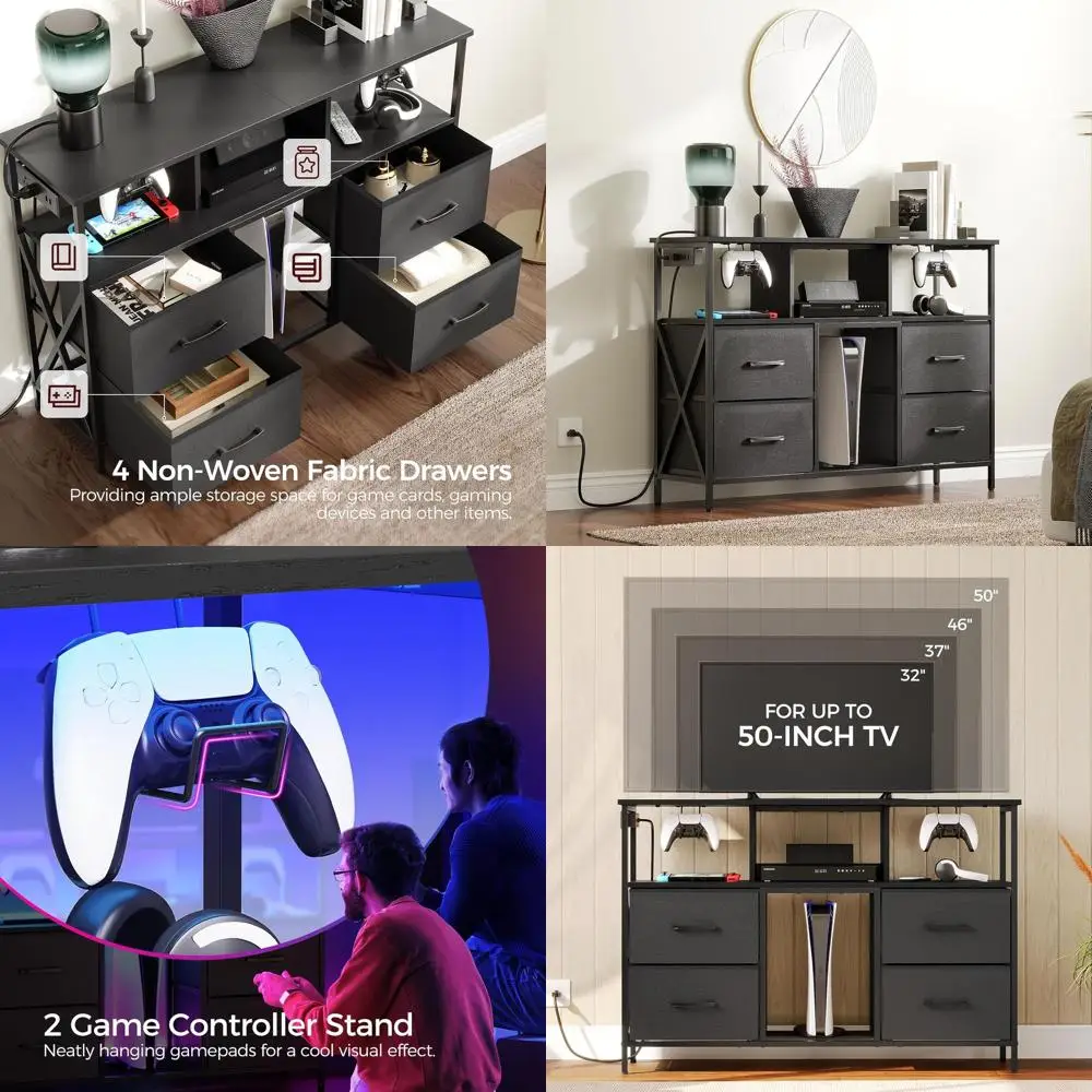 

Черный развлекательный центр со светодиодной подсветкой и розетками для 50-телевизоров, медиаконсоль с ящиками и полками