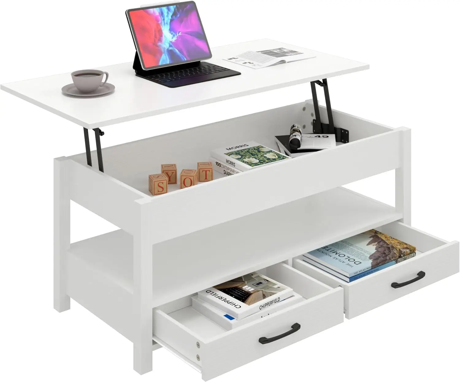 White Wooden Lift Top Coffee Table with Hidden Storage Compartment Drawers & Open Shelf for Living Room