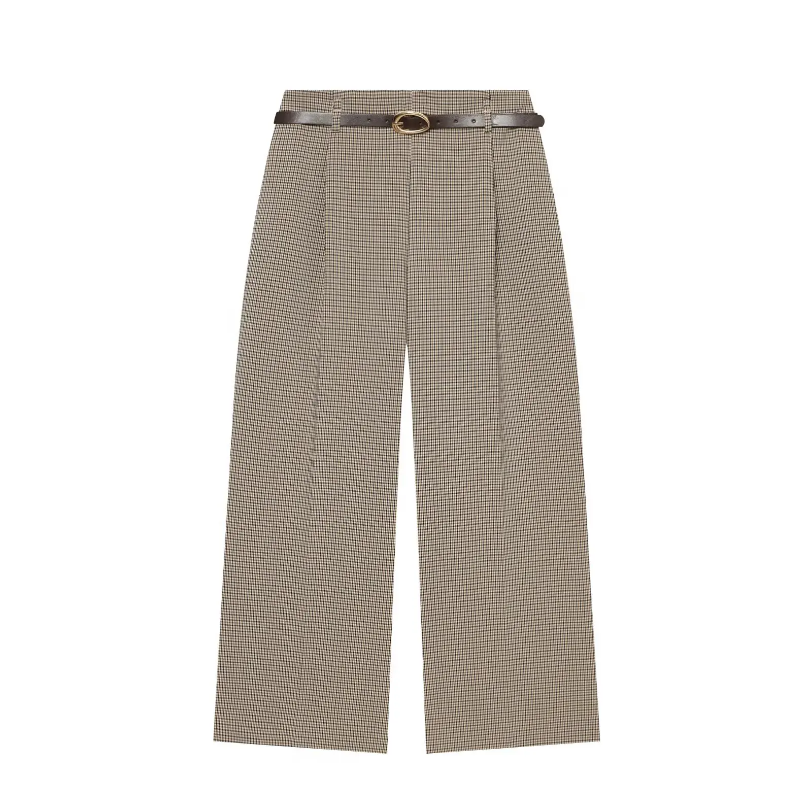 BSAY 2026 Vintage Büro-Damenanzug mit kariertem, doppelreihigem, kurz geschnittenem Gilet und hochtaillierter, weit geschnittener Hose mit Gürtel. – Detail 6