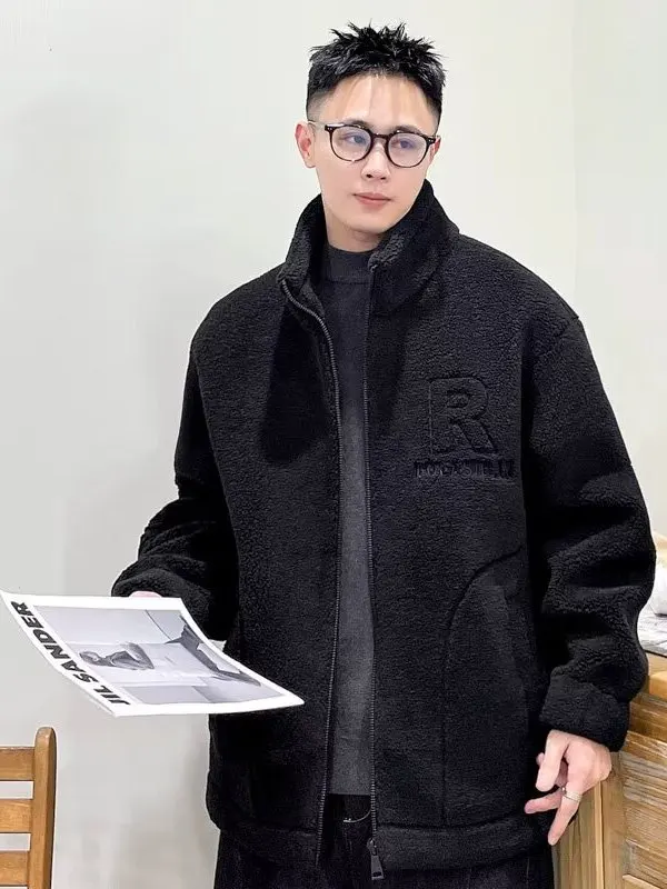 

Lamb Velvet Hooded Jaet Men's Winter Loose Trendy Thiened Youth Large Size Particle Velvet Men's Clasp Casual Cotton Coat