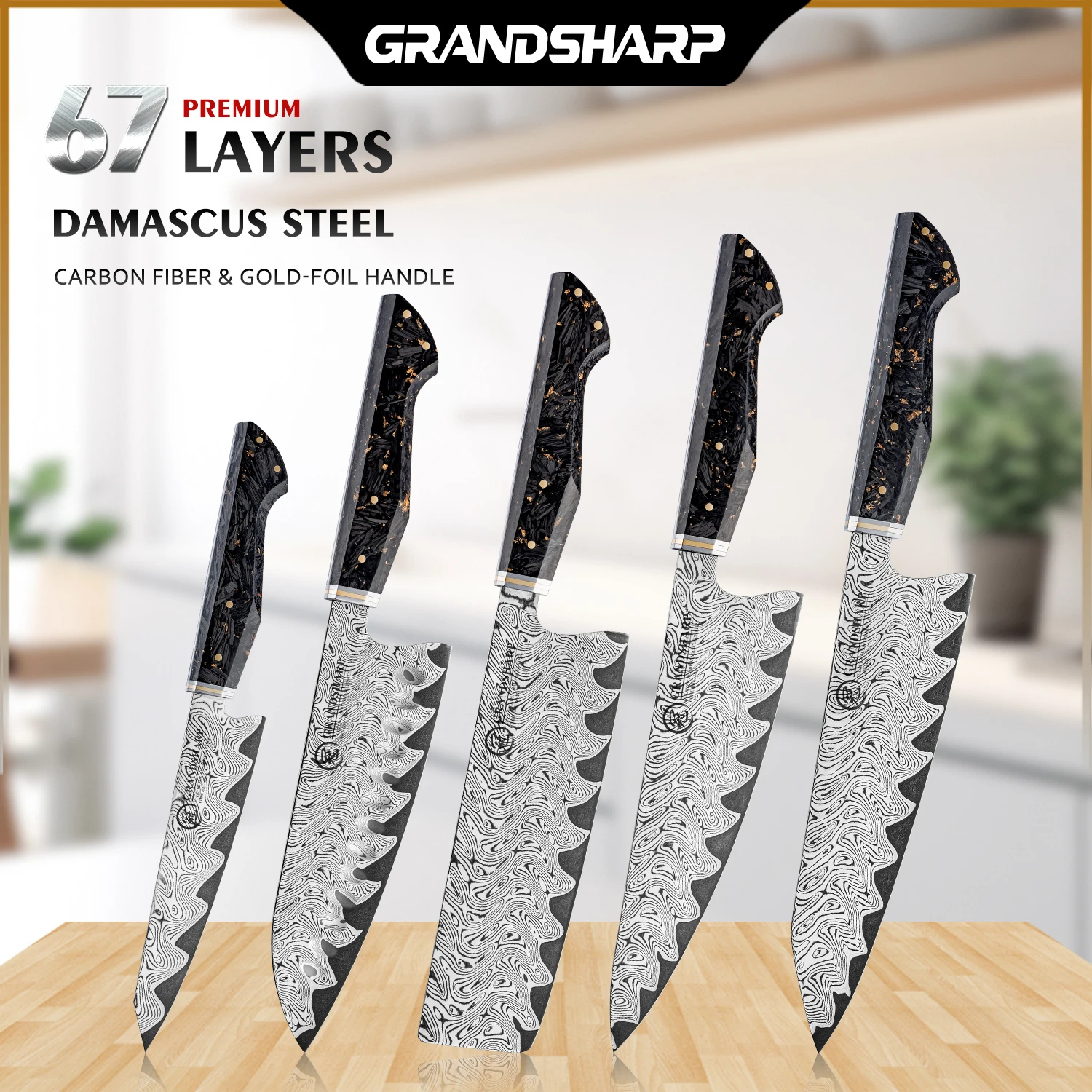 Grandsharp Premium Chef Knives Set 67 Layers Damascus Steel AUS-10 High Carbon 60±2HRC with Carbon Fiber Handle Cutting Tools