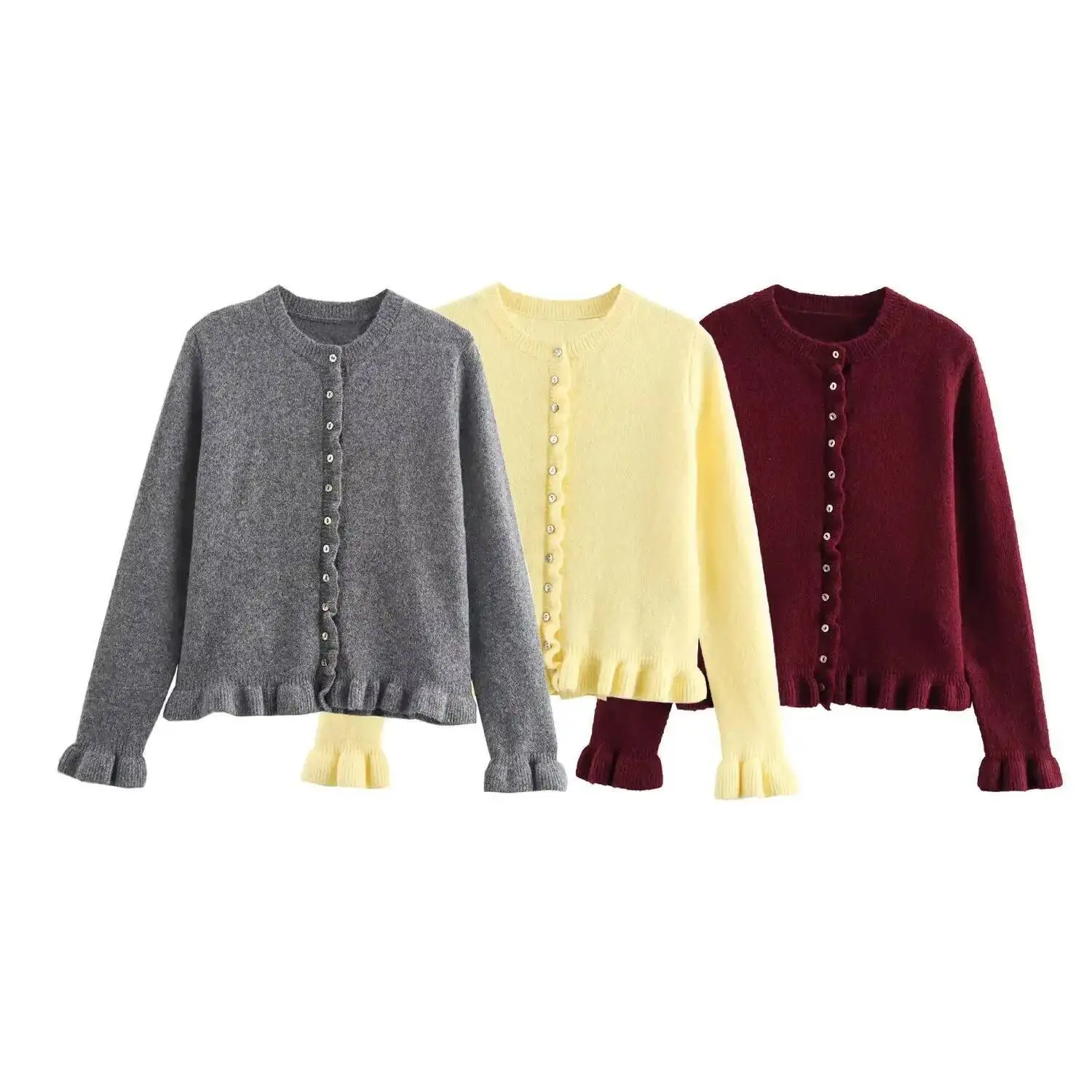 

Cross-Border Style Women's Knitted Jacket With Decorative Wood Grain Ruffle Layered Design Summer Thin Crew Neck Sweater