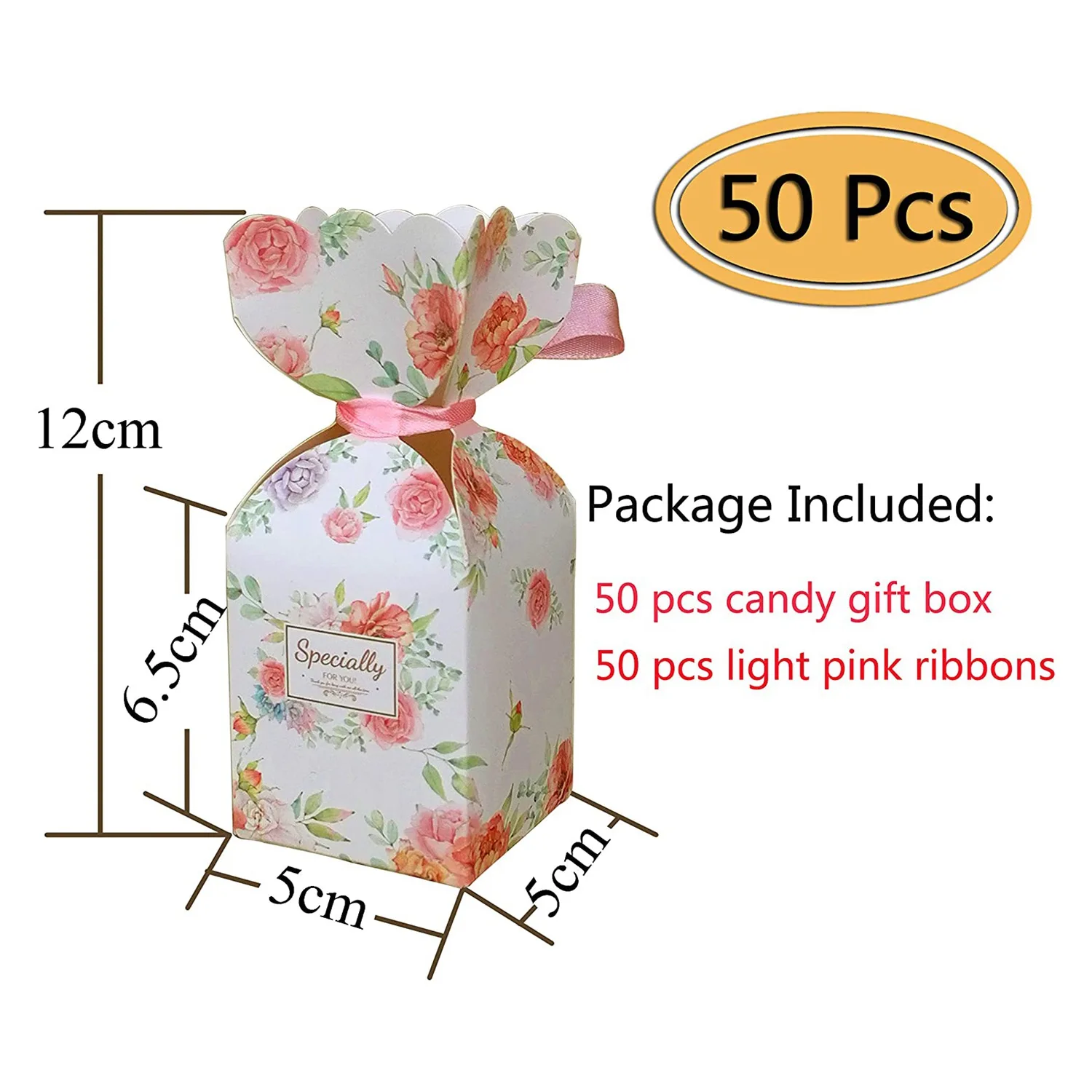 ABNL 50 Pcs Floral Pattern Candy Boxes Wedding Bridal Shower Baby Birthday Party Favor Gift Box With 50Pcs Light Pink Ribbon