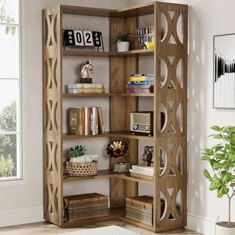 

Rustic Display Shelf Storage Organizer,5-Tier Corner Bookshelf, L Shaped 66-Inch Corner Bookcase, Farmhouse Tall Bookshelves