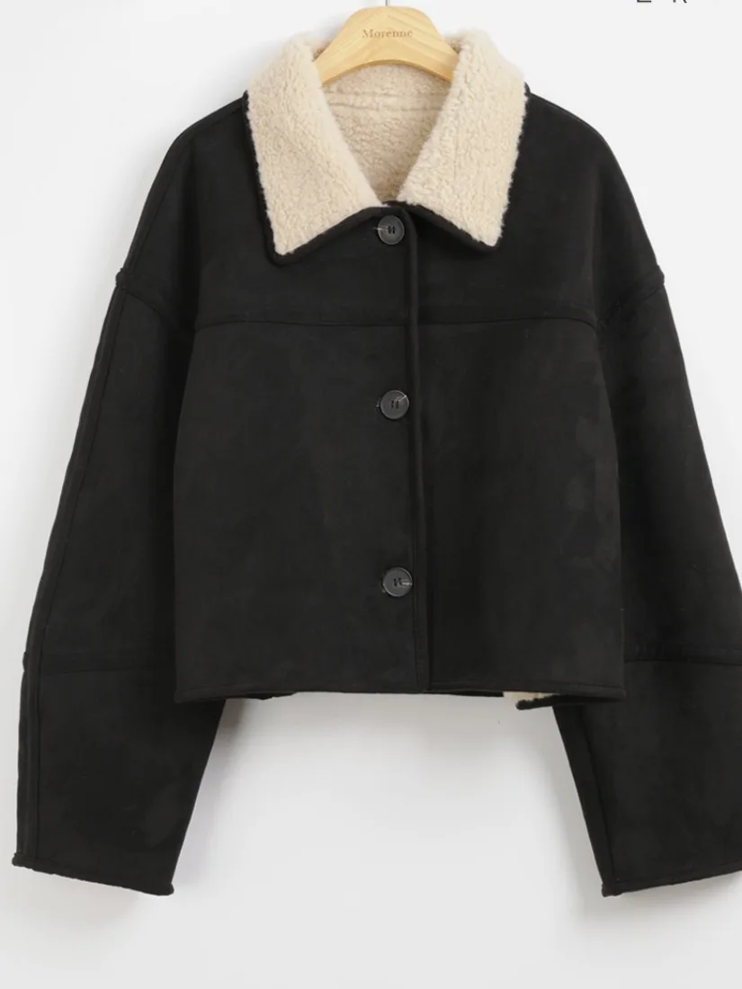 Retro sle ort pele de cordeiro jaet feminino fadable turn-down colarinho único botão couro e pele intercuído calor outerwear