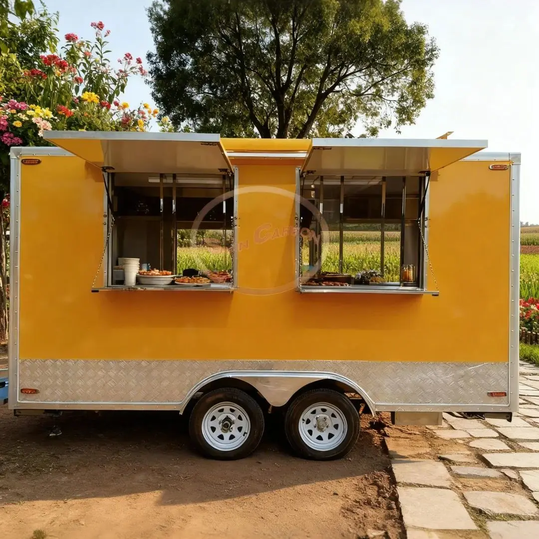 

Yellow Towable Outdoor Food Cart Multi-Functional Trailer with Dual Windows All Equipment Included for Street Food Vendor