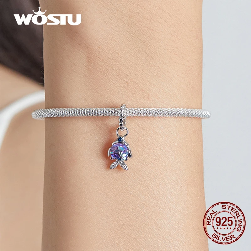 WOSTU 100% 925 Sterling Silver Blue Purple Fish Charms Beads Heart Pendants Fit Original DIY Bracelet Necklace Jewelry for Women