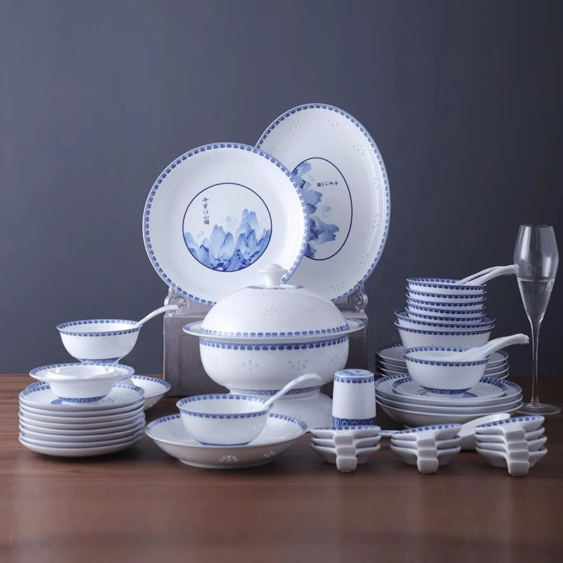 

68 pieces glazed medium and high-grade Chinese style, high white porcelain tableware bowl set