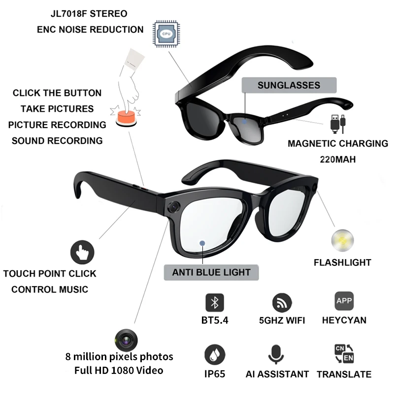 Occhiali da sole intelligenti da donna per uomo Occhiali da sole wireless impermeabili in più lingue Sport all'aria aperta Occhiali per traduzione vocale con fotocamera