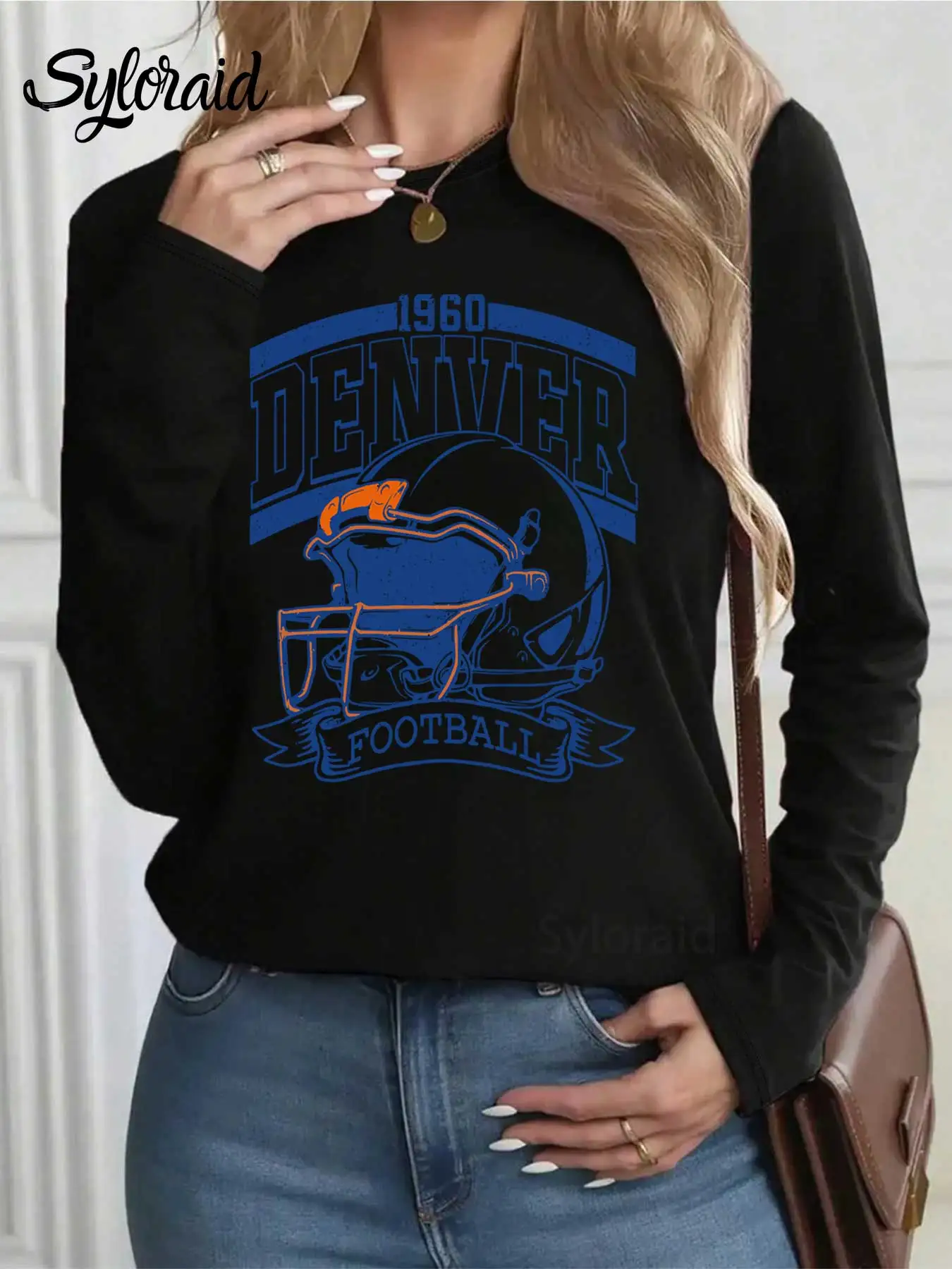 تي شيرت نسائي بأكمام طويلة مطبوع عليه دنفر لكرة القدم، قميص يوم اللعبة، قميص كاجوال برقبة دائرية #2