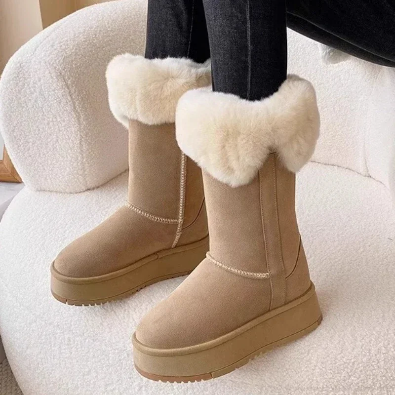 2023 New Women\'s Shoes Slip on Women\'s Boots Winter Round Toe Solid Flock Plush Warm Mid Heel Water Proof Concise Snow Boots