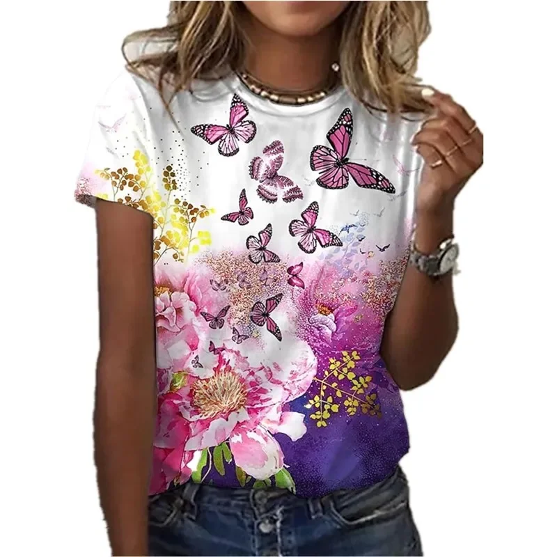 

Summer T-Shirts Butterfly Flower 3D Printed Streetwear Women Fashion Floral Oversized T Shirt Y2K Female Girl Tops Tees Clothing