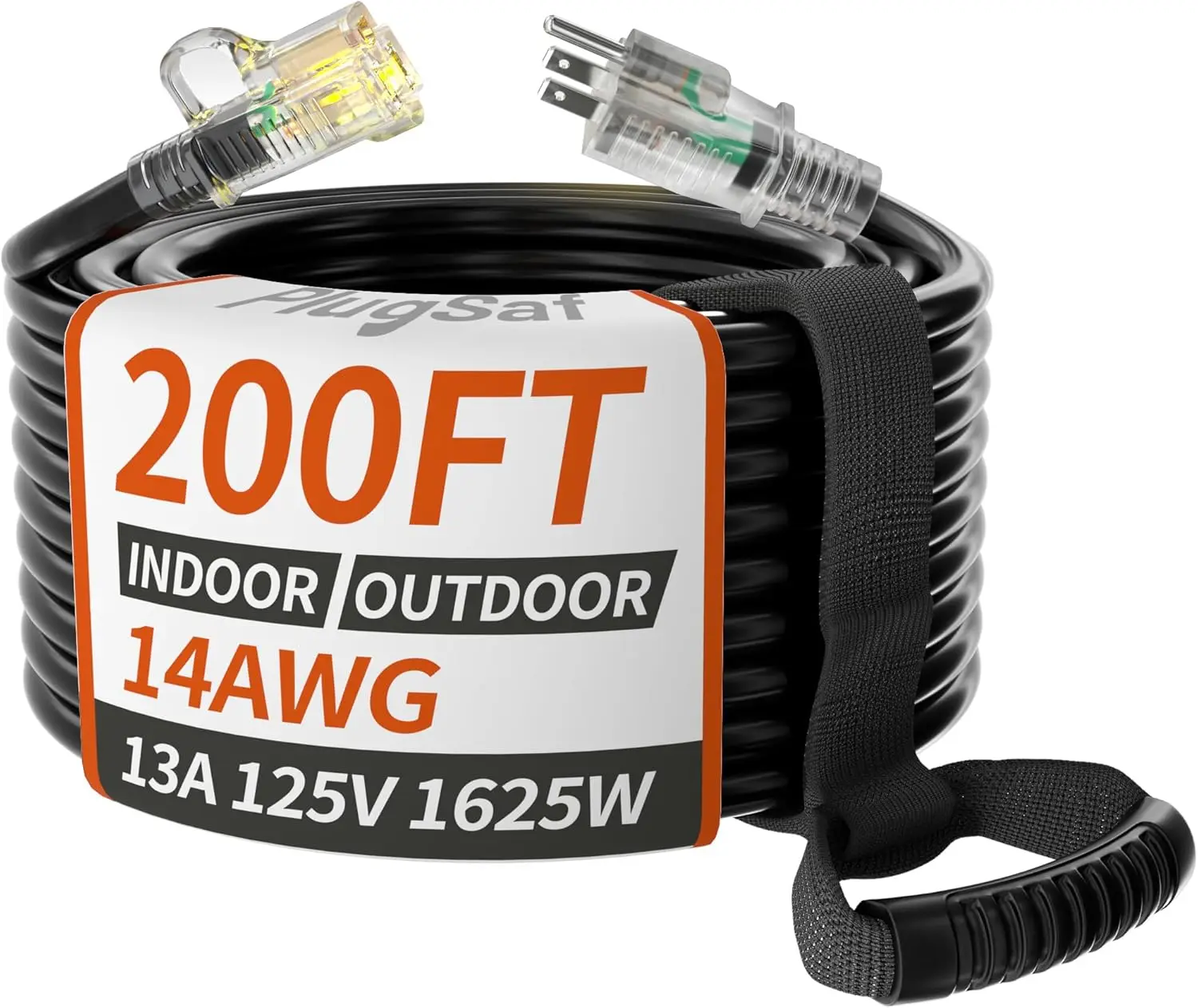 14/3 Gauge Black Outdoor Extension Cord 200 ft Waterproof with Lighted Indicator 40°C 13A 1625W 14AWG SJTW, ETL Listed