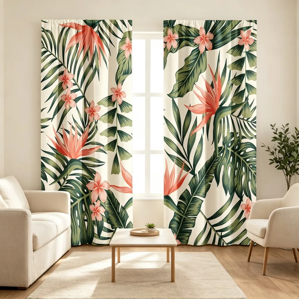 2PCS Digital Print Curtains Tropical Bird of Paradise Floral Rod Pocket