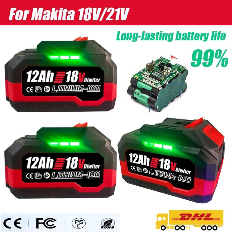 

Diwiter 18-21V 8.0Ah/12.0Ah Rechargeable Lithium Battery For Makita 18V Cordless Electric Drill Wrench Saw Screwdriver Grinder