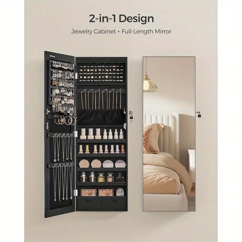 Luxurious Jewelry Armoire Cabinet - Wall-Mounted with LED Interior Lights, Door-Mounted Organizer, Full-Length Mirror, Perfect