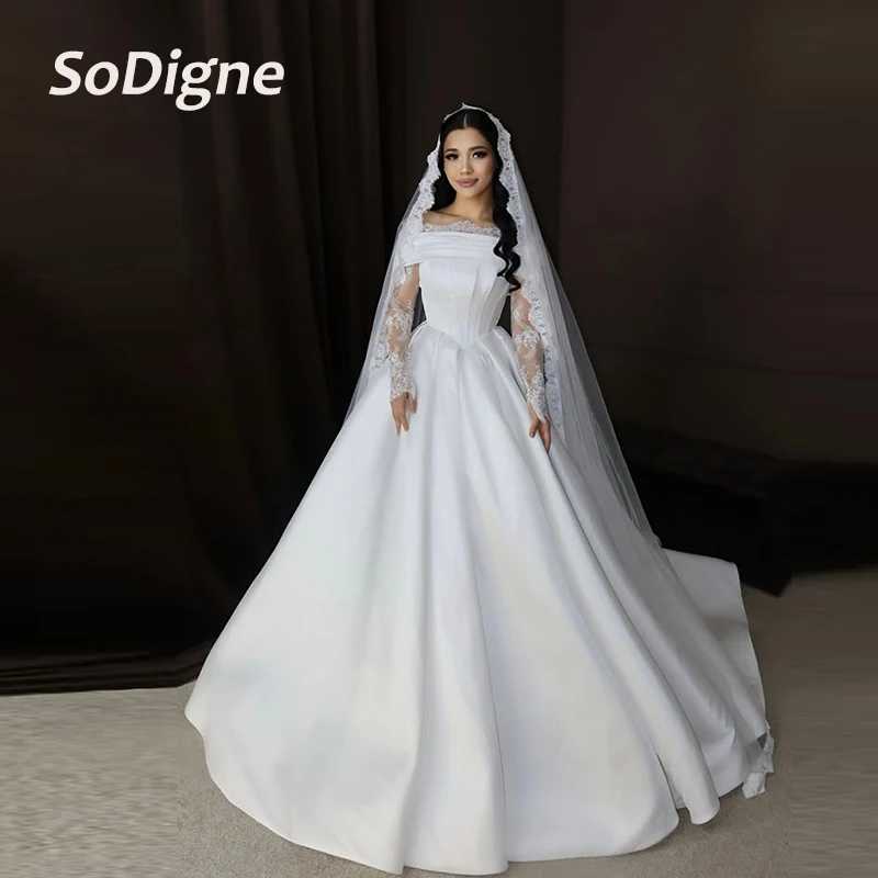 

SoDigne A-line Satin Wedding Dresses Lace Sleeves Off Shoulder Bridal Dress 2026 Bride Gown vestidos de novia Customized