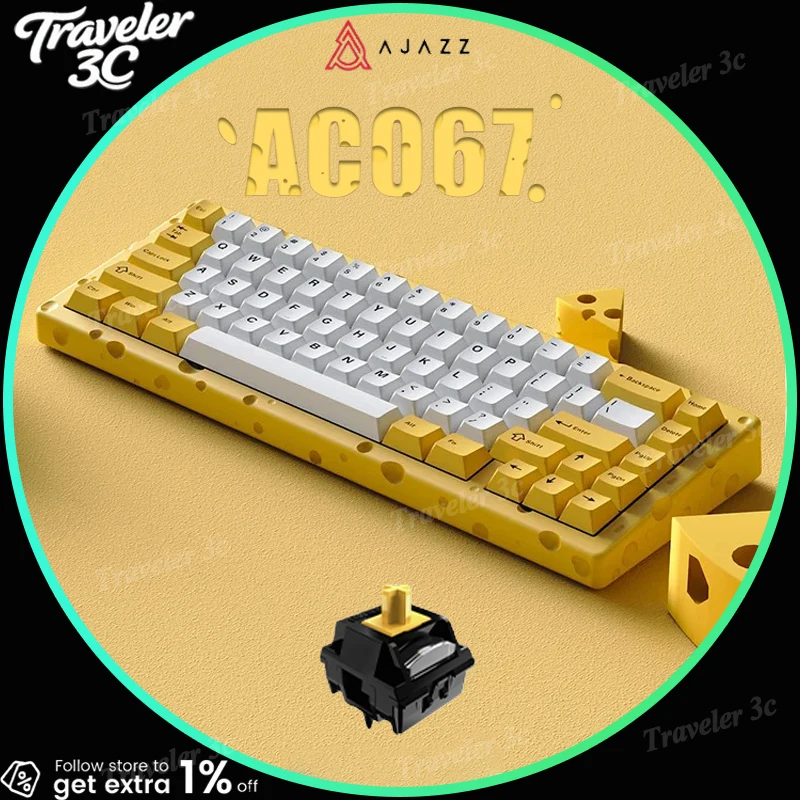 

AJAZZ AC067 сырная тема, индивидуальная механическая клавиатура, игровая офисная прокладка, проводная с возможностью горячей замены, легкий ПК из алюминиевого сплава с ЧПУ