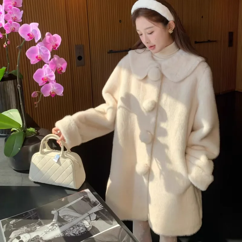 

Autumn Winter Fashion Sweet Faux Fur Long Coat Women Elegant Solid Warm Loose Jackets Female Korean Casual Soft Plush Outerwear