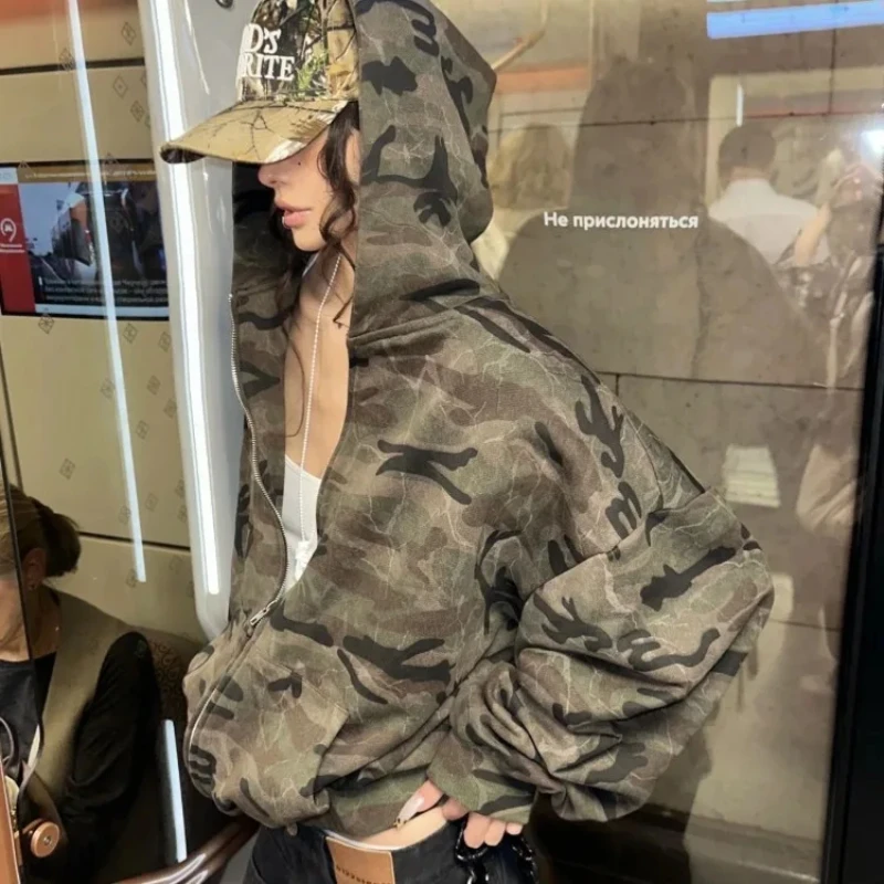 American Retro Camouflage Hoodie Sweatshirts 2024 Autumn New Cardigan Coat Women Y2k E-girl Long Sleeve Zipper Tops Mujer