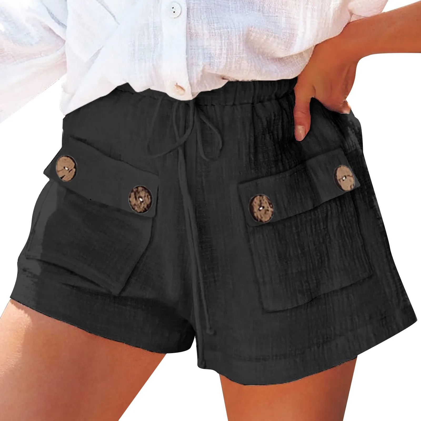 

Women Cotton Drawstring Casual Shorts Pockets Solid Color Mini Hot Short Pants Mujer Spring Summer Beach Loose Comfy Cortos