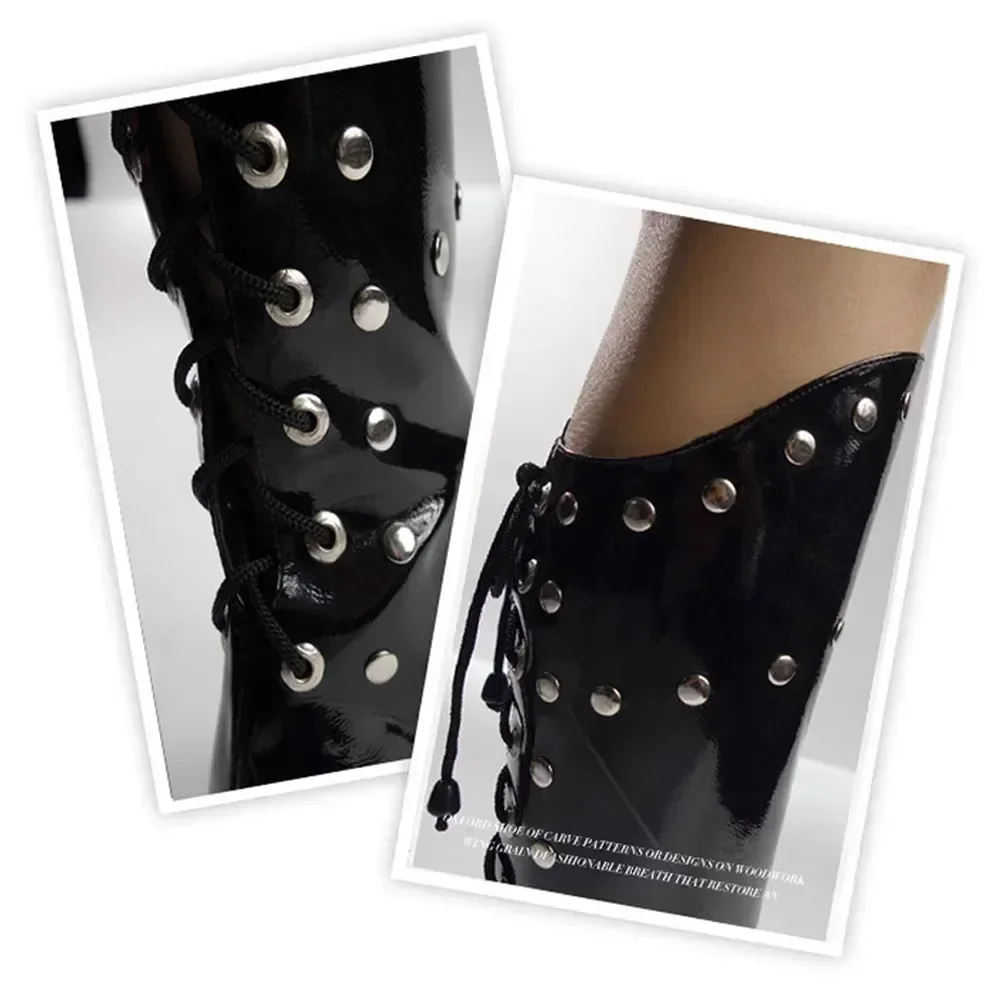 أحذية ركوب الخيل برشام الموضة للرجال ، أحذية أداء مسرحية بمقدمة مدببة وكعب سميك وكعب سميك أحذية طويلة للدراجات النارية