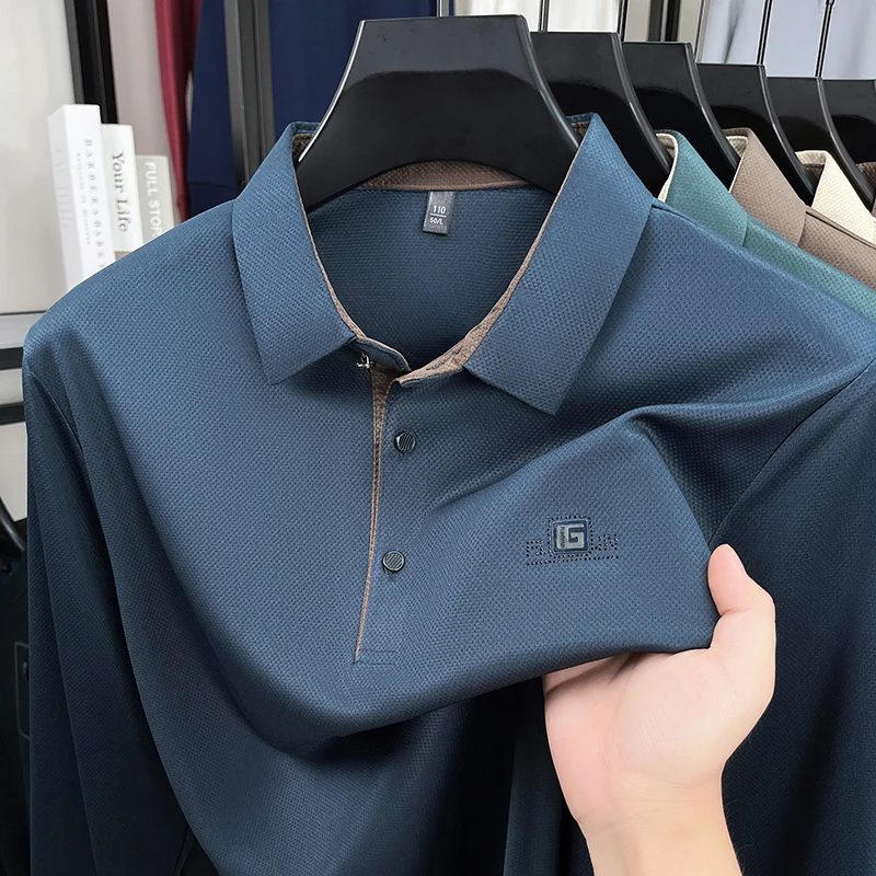 Autumn New Men's Solid Color Polo Shirt Comfortable Lapel Long Sleeved Hot Drill Print T-shirt Trend High Quality Men's Clothing