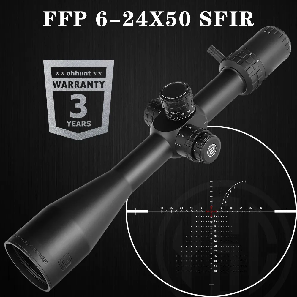 

Ohhunt FFP 6-24X50 SFIR первый фокусный самолет охотничий прицел боковой Параллакс стеклянная вытравленная сетка Блокировка освещения сброс прицела