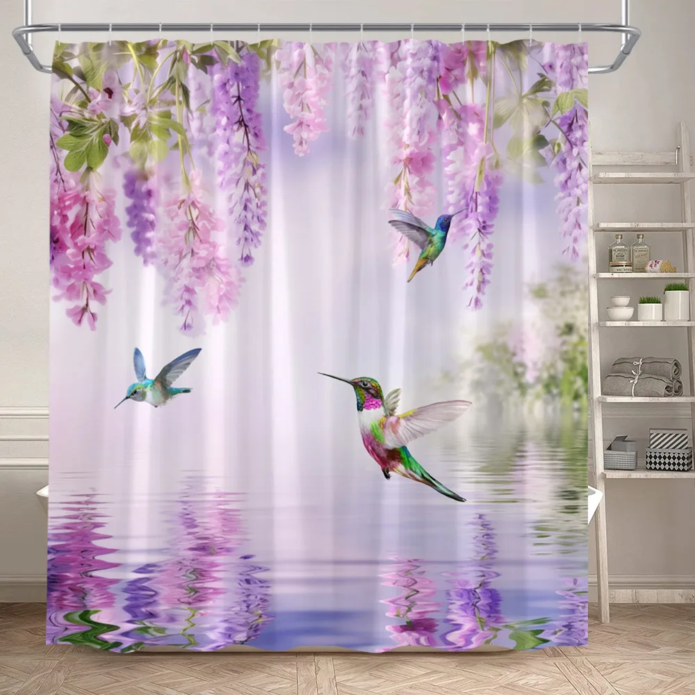 Rustic Floral Butterfly Shower Curtains Purple Vine Flowers Plant Nature Scenery Polyester Bathroom Curtain Decor Set With Hooks