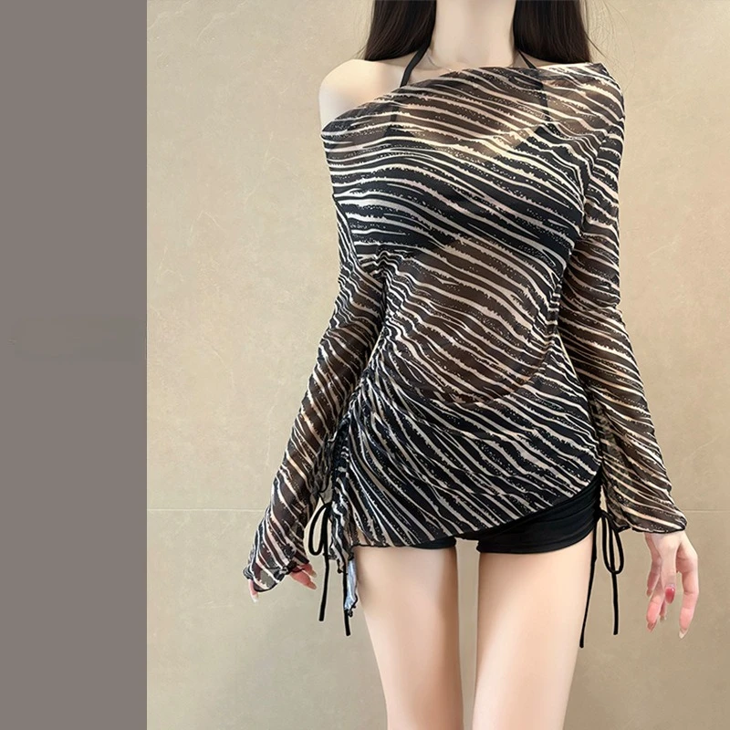 sexy kpop halter tie drawstring shorts bikinis sets three pieces with long sleeve striped mesh cover smock swimsuit biquini