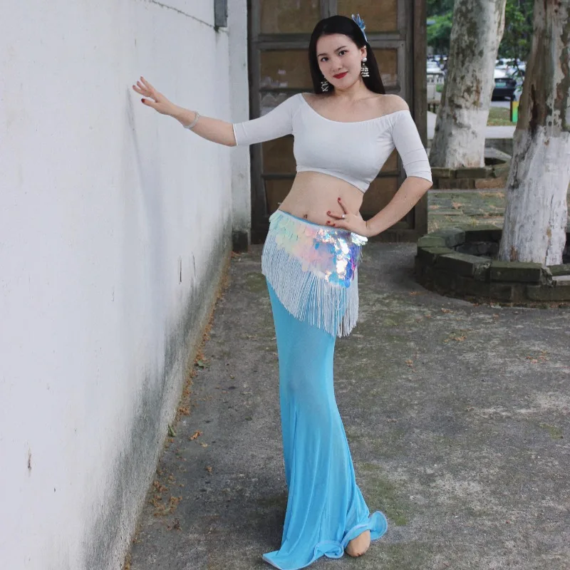 customized Belly Dance Costumes New Set Performance Dress Class Dress Sexy Temperament Practice Clothes Blue Fish Tail Skirt