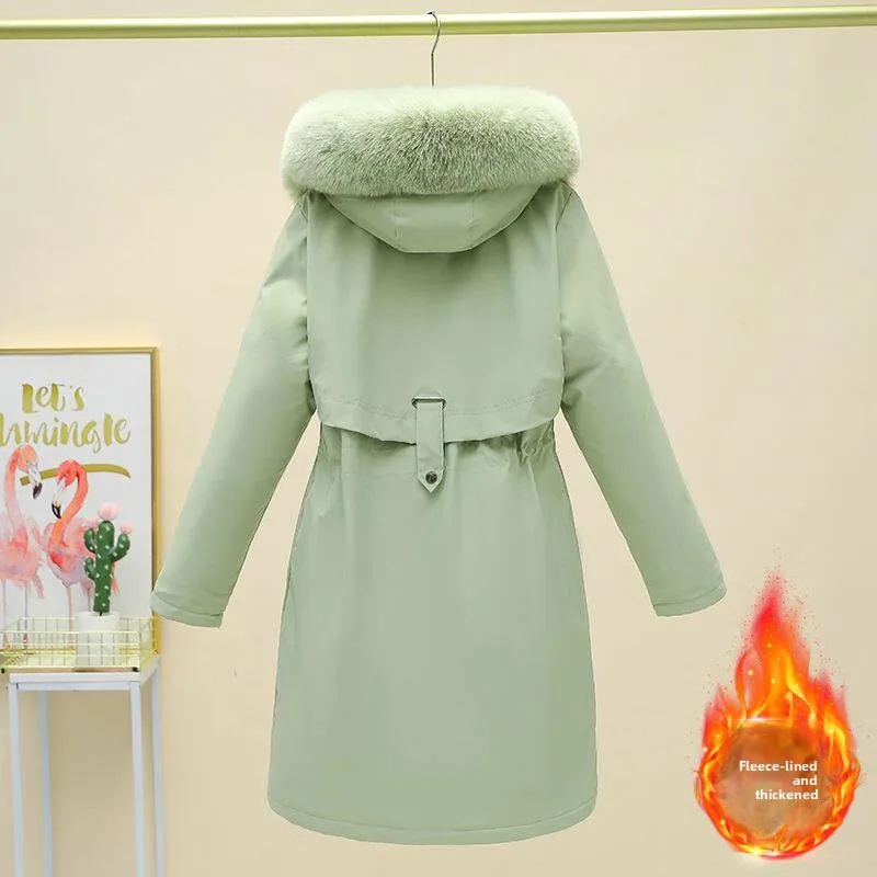 

New Women's Mid-Length Parka Cotton Jaet Thiened Fce Lined Winter Coat Large Size Korean Sle Casual Loose Fit