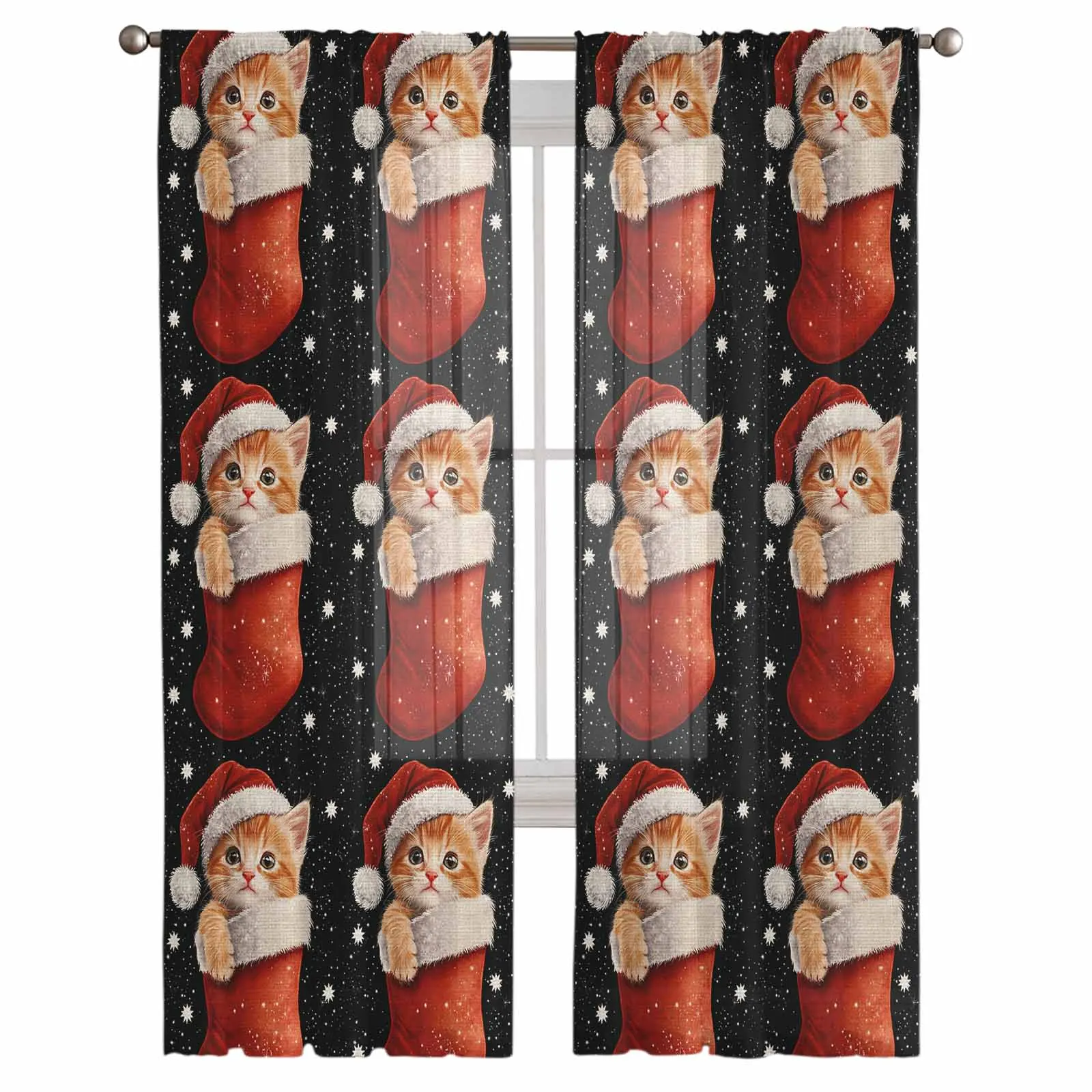 Christmas Winter Christmas Socks Bedroom Transparent Sheer Curtains Holiday Decoration Window Voile Tulle Curtain