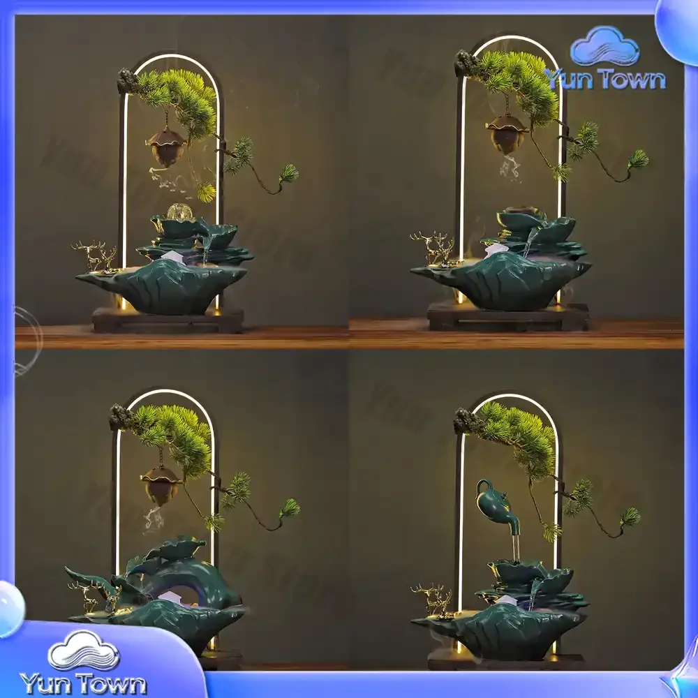 Lucky Flowing Water Fountain Ornament Chinese Lamp Ring Backflow Incense Burner Circulating Water Shengcai Office
