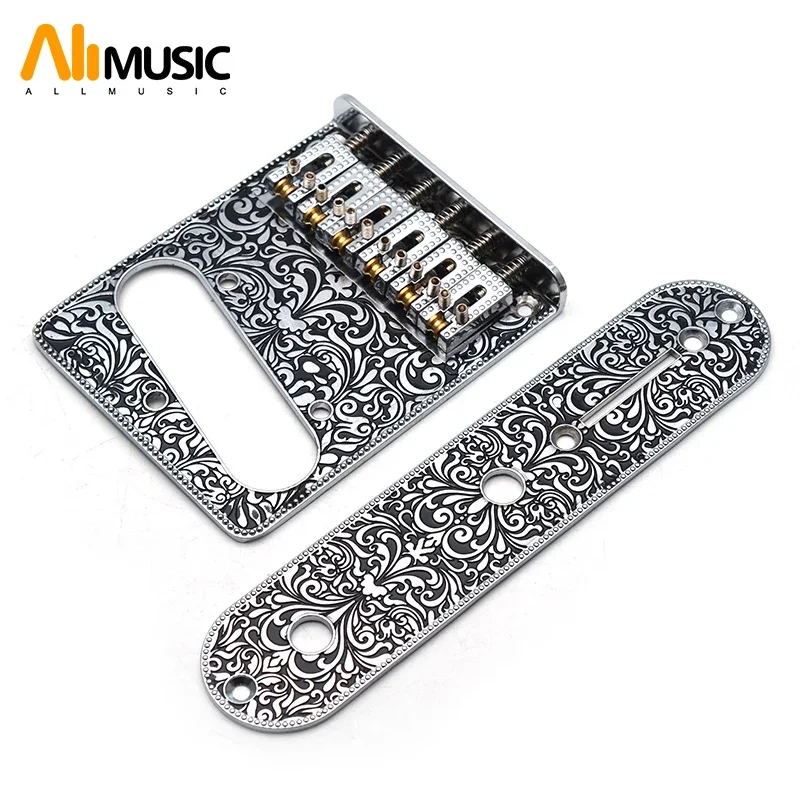 6 String Roller Saddle Bridge and Control Plate for TL Electric Guitar with Carving Decorative Pattern Strings Through Bridge