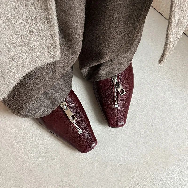 MKKHOU Fashion Pumps New High Quality Genuine Leather Square Head Zipper Low Heel Leather Shoes Women's Heel Flat Shoes Women