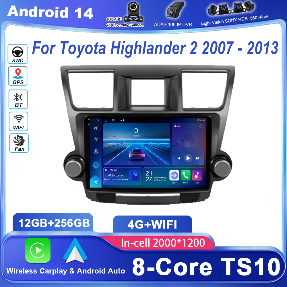 

Android 14 Car Radio Stereo For Toyota Highlander 2 2007 -2013 Auto Multimidia Video Player 4G GPS Navigation Head Unit 2DIN DVD