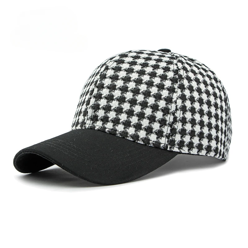 Women\'s Fashion Versatile Houndstooth Hard Top Baseball Cap Splicing Retro Sunshade Cap ffor Men