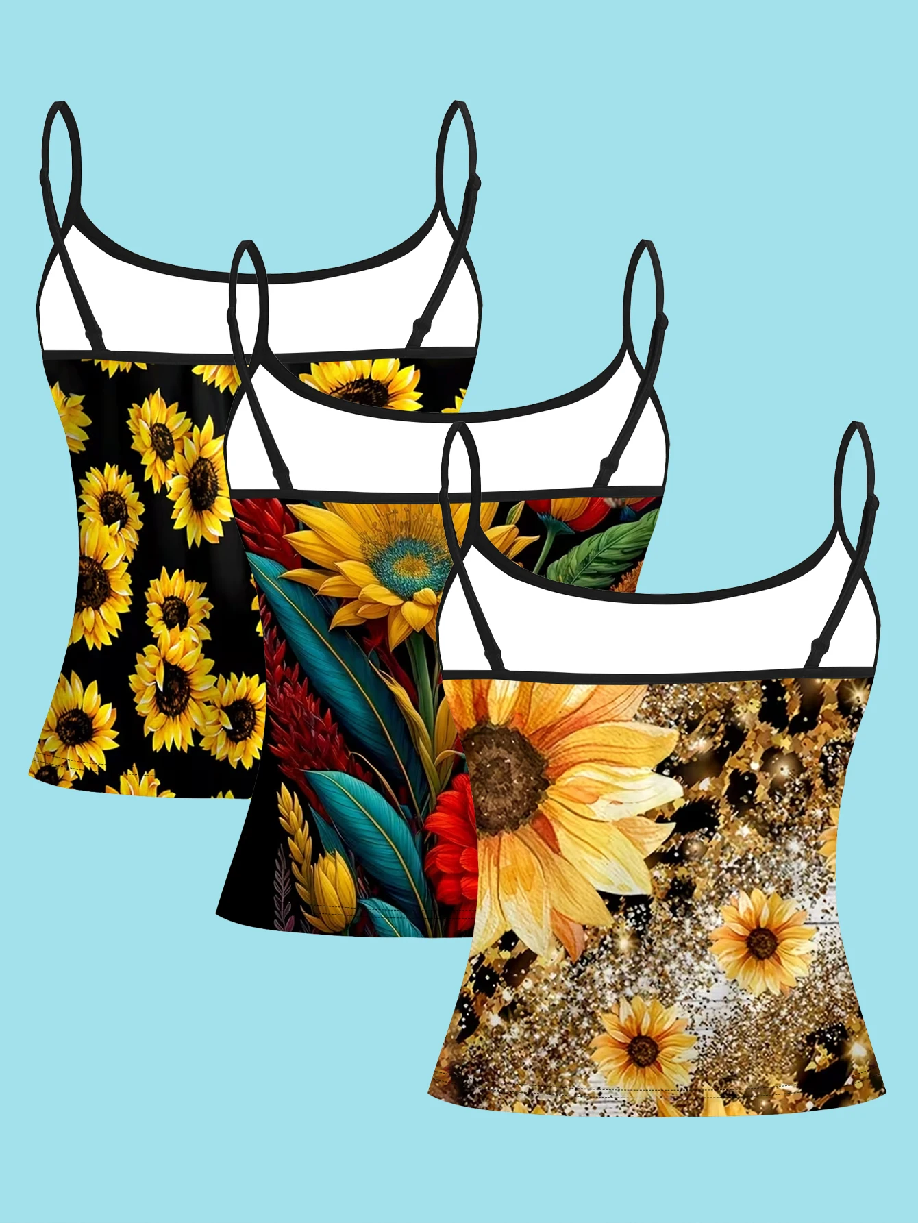 3-Pack Sunflower Floral Print Camisole for Women, Summer Slim-Fit Sleeveless Casual Base Layer Camisole