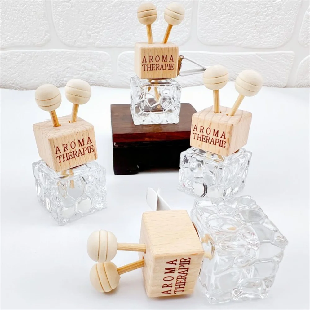 0.27oz Water Cube Air Outlet Perfume Empty Bottle Car Glass Diffuser Bottle Wooden Cap Freshener With Clip Vehicle Fragrance Dec