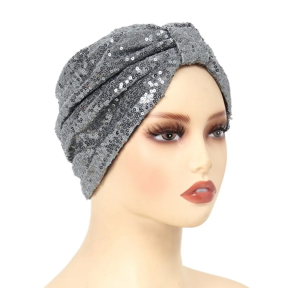 Elegante berretto turbante musulmano con paillettes Ramadan Copricapo tinta unita Cappello Hijab Copricapo da donna Avvolgente per la testa da donna