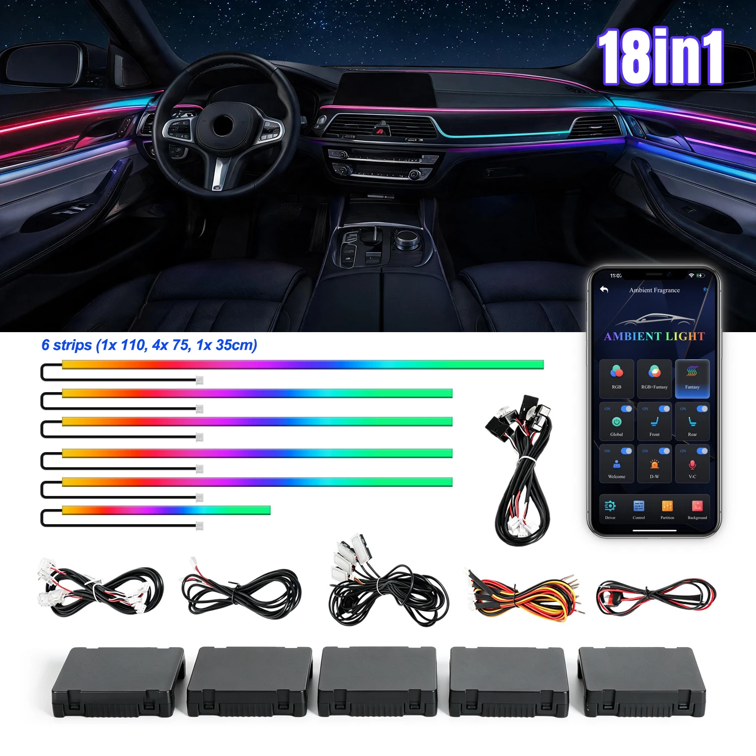6/18-in-1 LED Car Ambient Lights,213 64 Color RGB Symphony Streamer,Bluetooth Rainbow Acrylic Interior Strip Atmosphere Lamp Kit