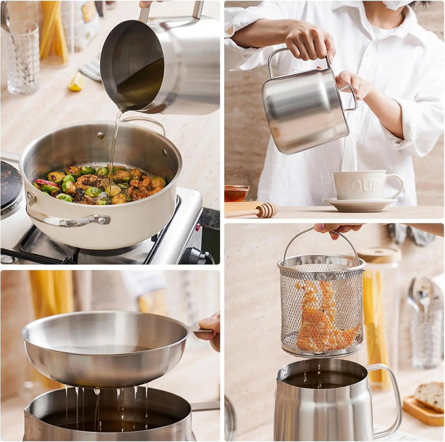 304 Stainless Steel Oil Container with Strainer - Bacon Grease Keeper, Cooking Oil Filter & Grease Separator for Cooking