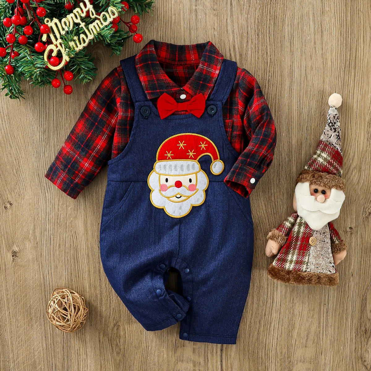 hibobi 2pcs Boy Cowboy Overalls Suit, Red Plaid Shirt, Cartoon Santa Embroidered Applique, Suitable For Christmas Party Wear