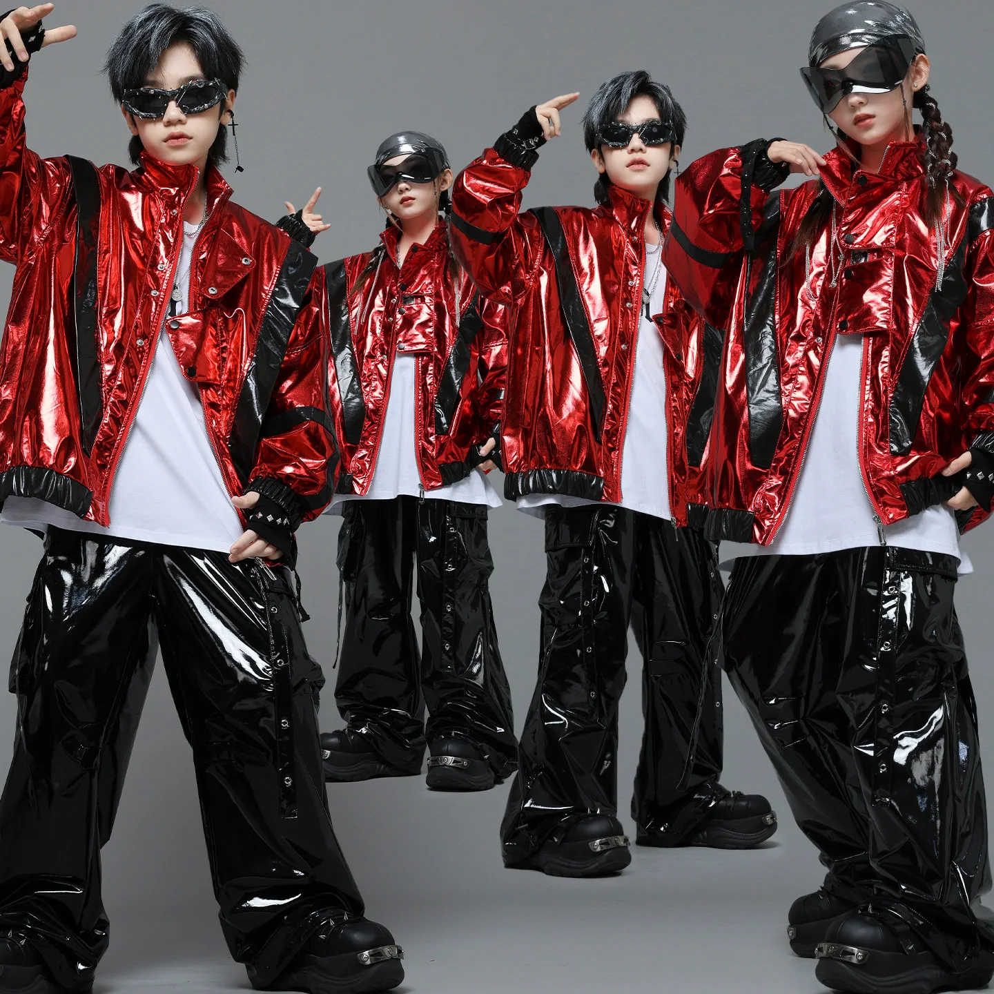 

Kid Kpop Hip Hop Clothing Red PU Leather Windbreaker Jacket Black Street Strap Cargo Pants for Girl Boy Dance Costumes Clothes