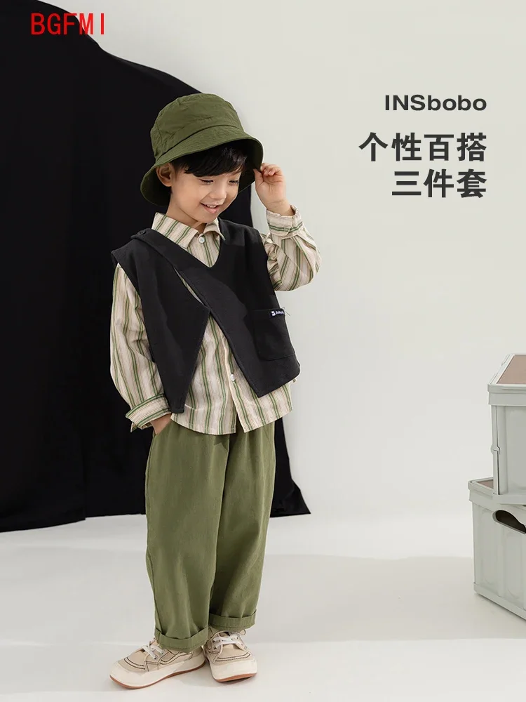 2-7Y Boy\'s Spring Set 2023 New Korea Fashion Boy Stripe Shirts Pants Vest Three Piece Sets  Autumn Clothing Suit Trendy Handsome