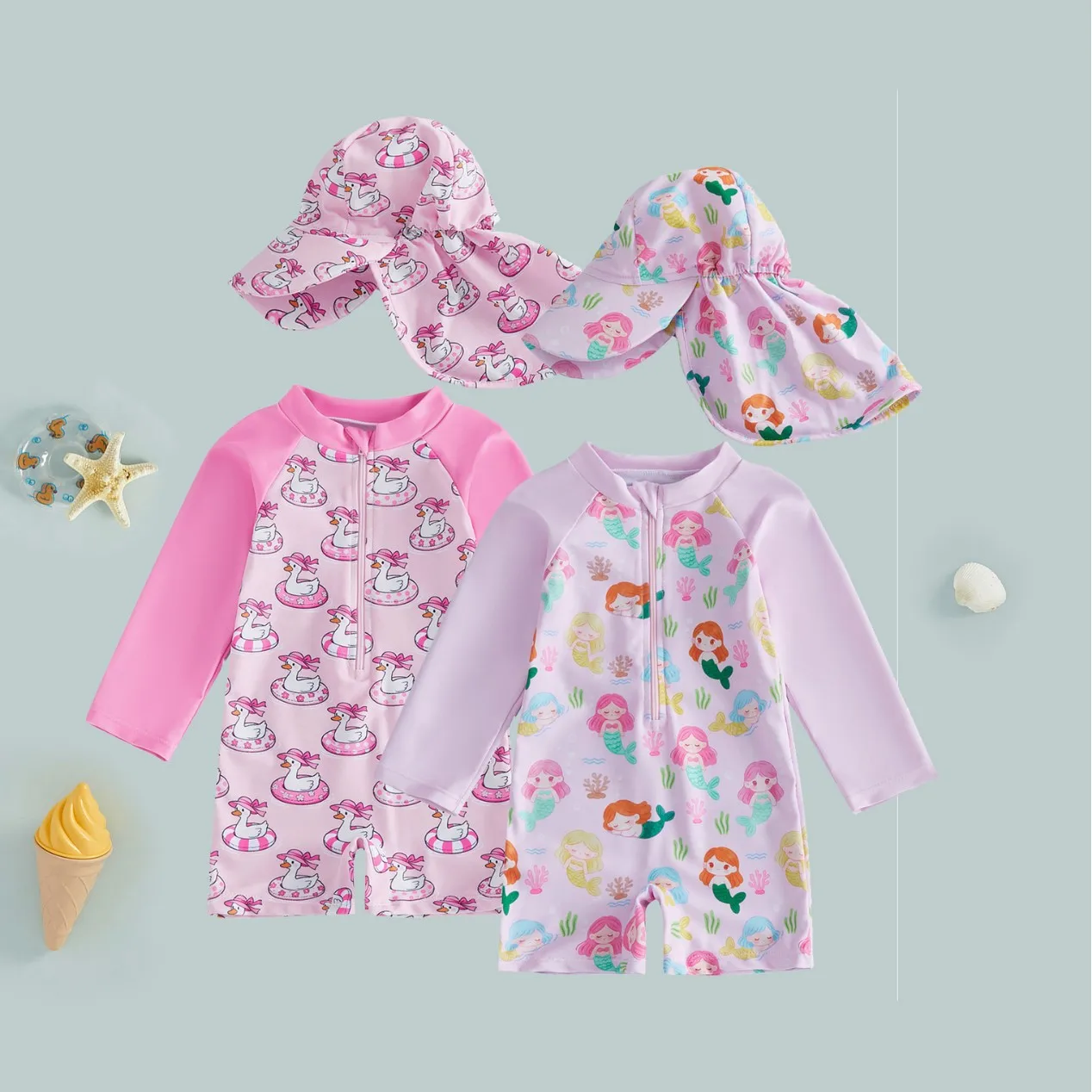 Baby Girls One-piece Swimsuit with Sun Hat Kids Long Sleeve Cartoon Mermaid Sun-protective Swimwear Toddler Bathing Costume